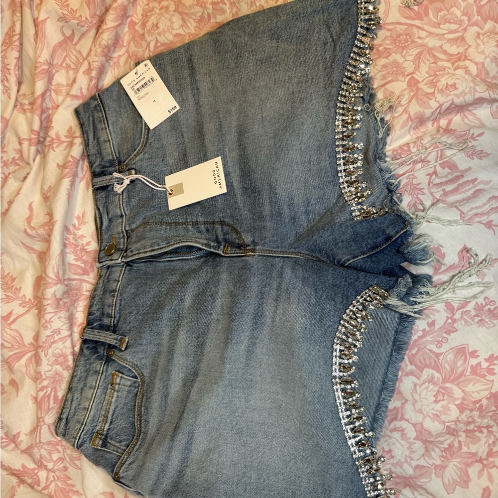Good American Blue Embellished Denim Shorts